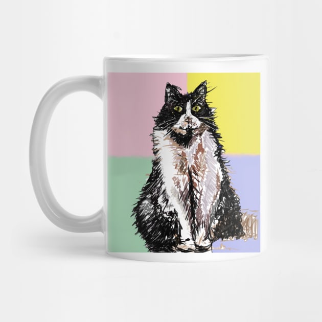 Tuxedo Cat Cute Drawing - on Pastel Rainbow by SarahRajkotwala